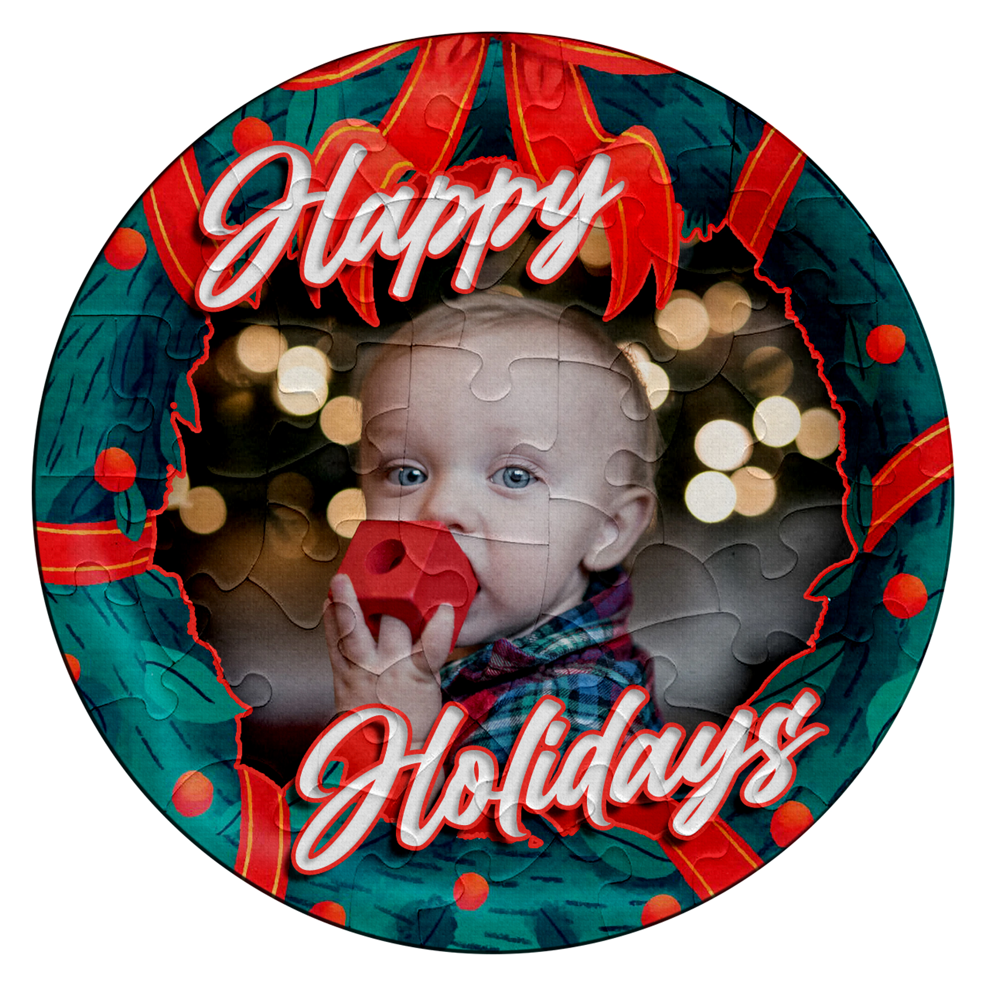 Christmas Custom Personalized Photo/Picture Puzzle Gift - Round Happy Holidays - 42pc
