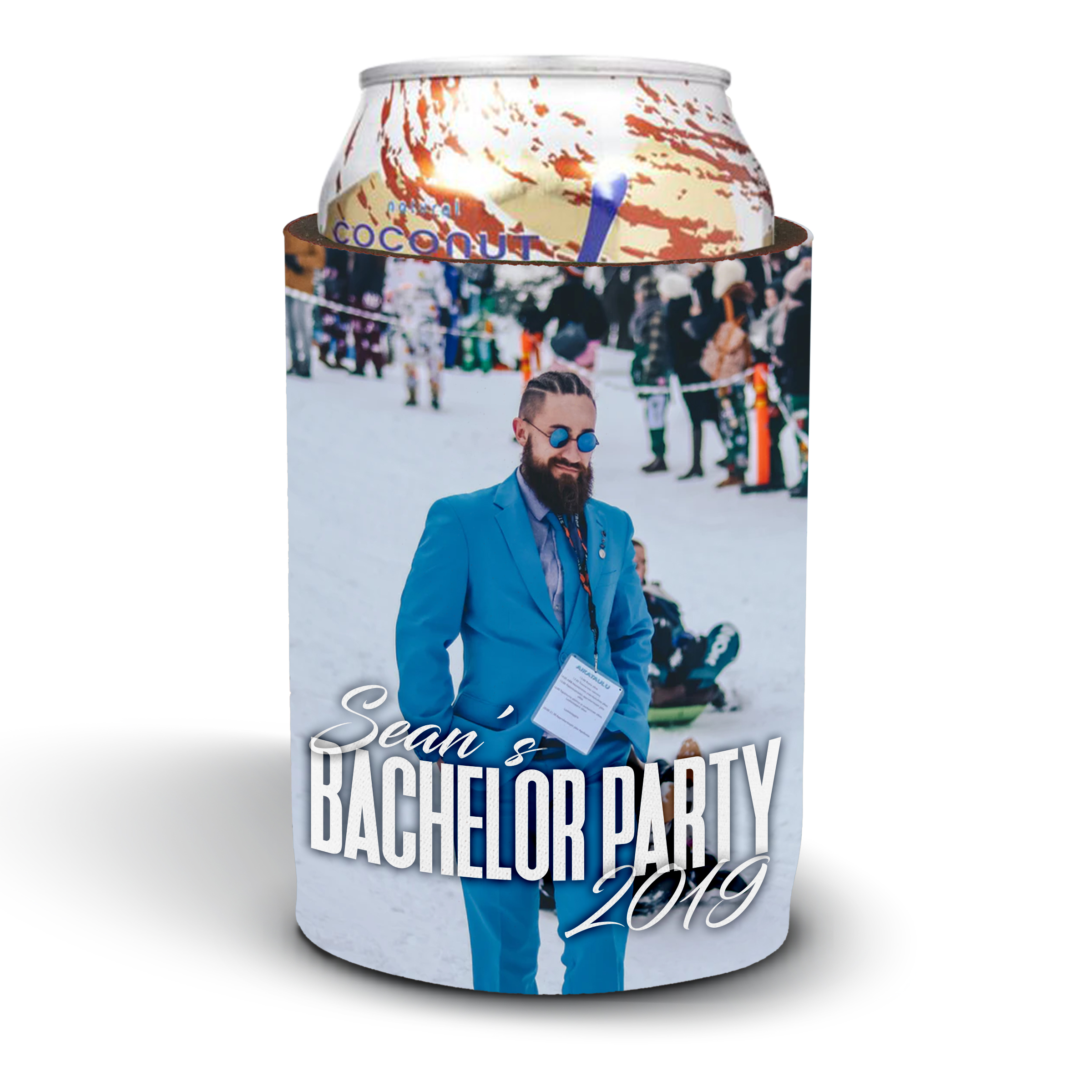 Custom photo can koozies for the bachelor party